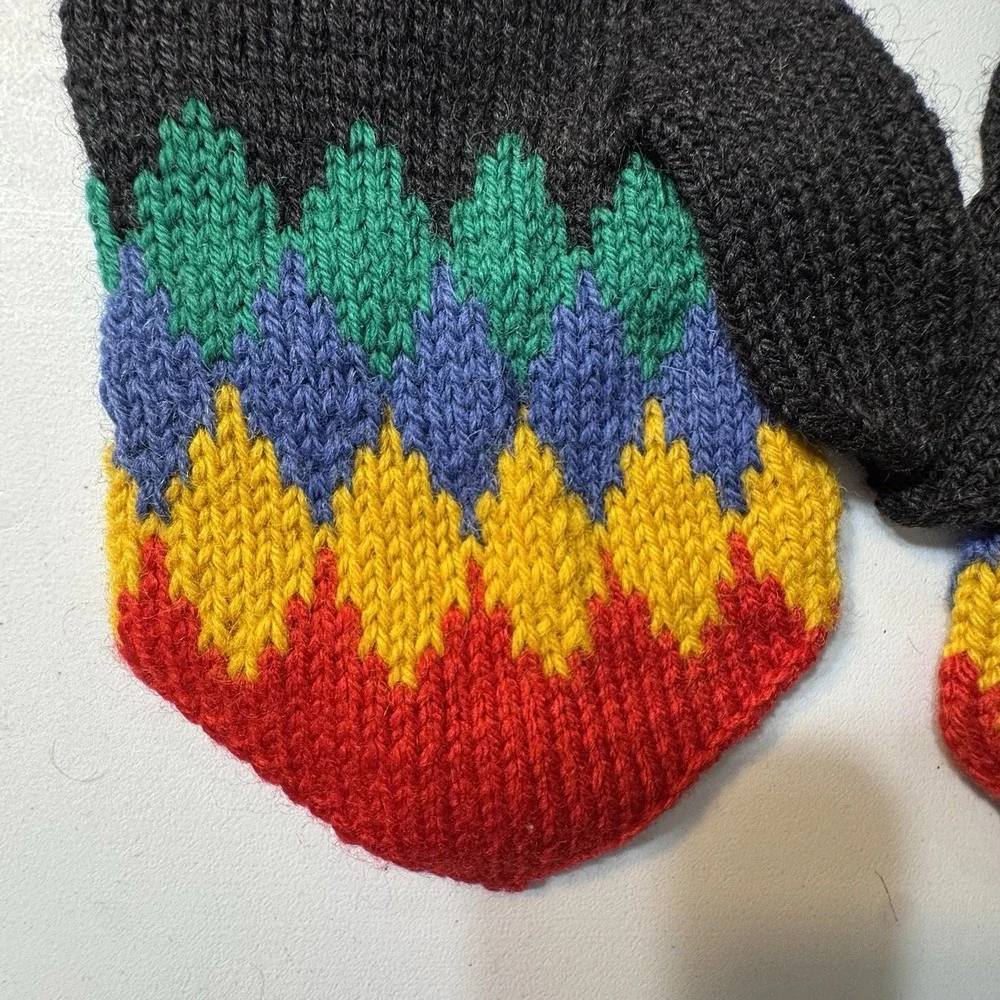Vintage Colorful handmade wool mittens Black Red Green Blue Yellow New
